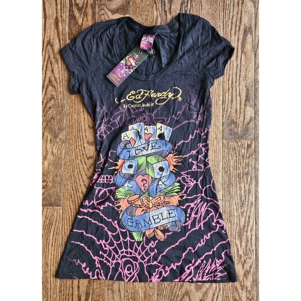 NWT Ed Hardy Christian Audigier Rhinestone Love To Gamble Devil T Shirt XS Y2K